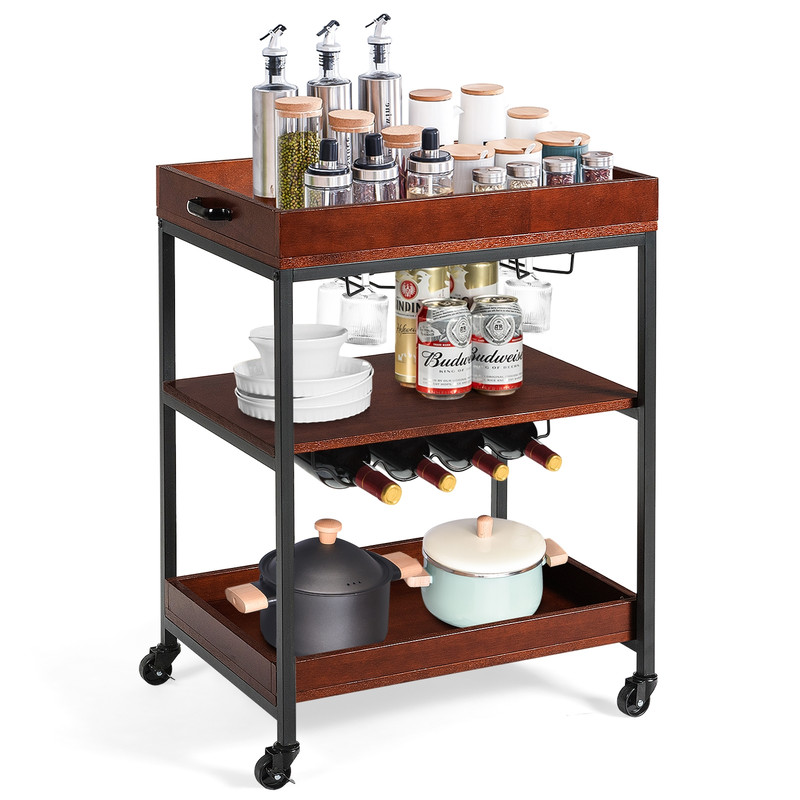 Rolling Tiers Kitchen Island Serving Bar Cart With Wine Bottle Rack And Glasses Holder Rustic Indus 7