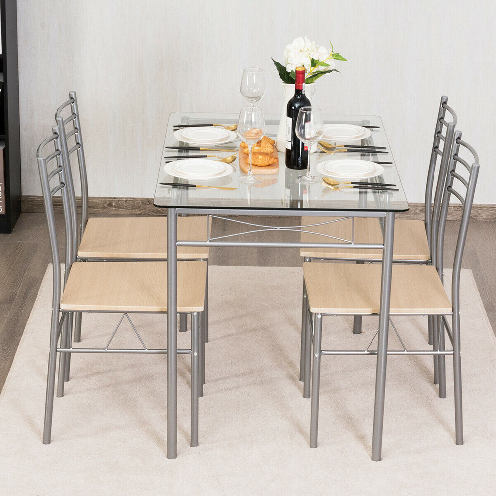 Contemporary Dining Set With Glass Table And HighBack Chairs Ideal For Kitchen Dining Room Apartmen 1