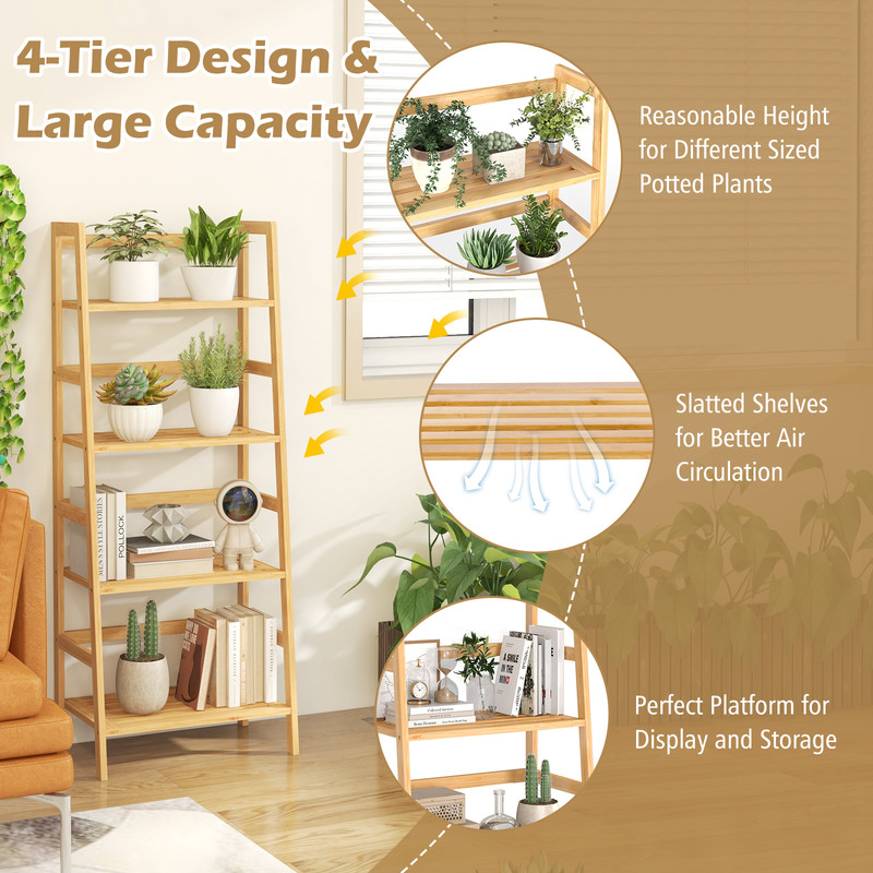 47.5 Inch 4-Tier Multifunctional Bamboo Bookcase Storage Stand, Space-Saving & Stylish