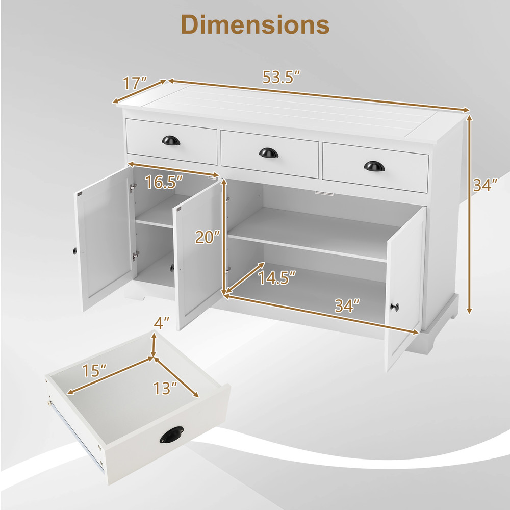 3 Drawers Sideboard Buffet Storage With Adjustable Shelves Elegant White Kitchen  Dining Organizer 5