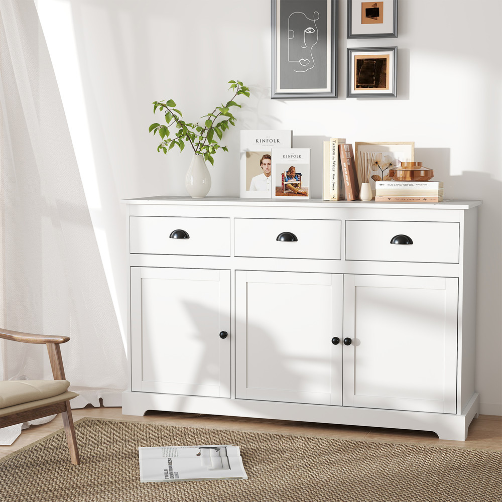 3 Drawers Sideboard Buffet Storage With Adjustable Shelves Elegant White Kitchen  Dining Organizer 1