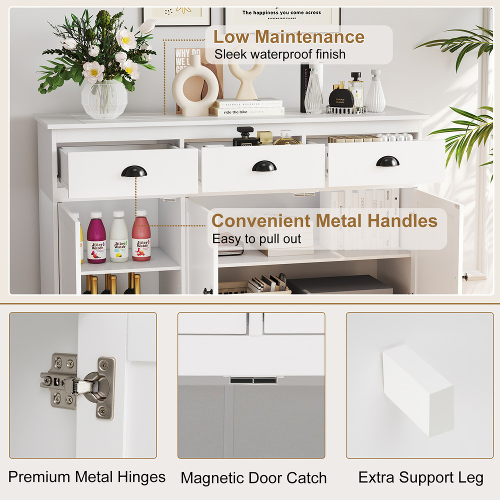3 Drawers Sideboard Buffet Storage With Adjustable Shelves Elegant White Kitchen  Dining Organizer 6