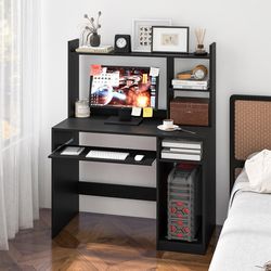 home office computer desk with bookcase, keyboard tray & cpu stand, space-saving workstation