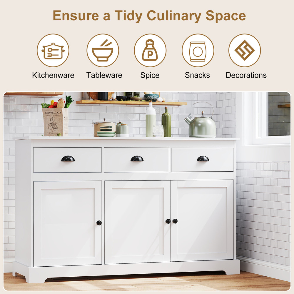 3 Drawers Sideboard Buffet Storage With Adjustable Shelves Elegant White Kitchen  Dining Organizer 7