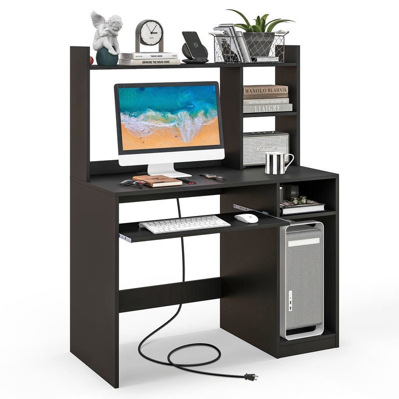 Home Office Computer Desk With Bookcase Keyboard Tray CPU Stand SpaceSaving Workstation 3