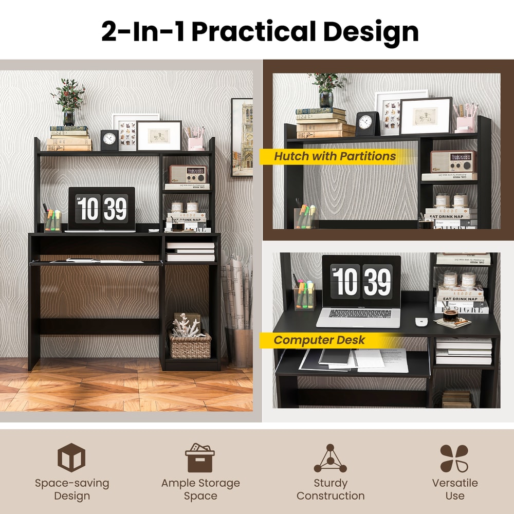 Home Office Computer Desk With Bookcase Keyboard Tray CPU Stand SpaceSaving Workstation 5