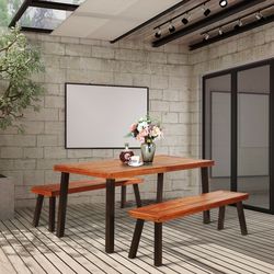 acacia wood dining table, rustic rectangular farmhouse table with removable umbrella hole, 110 lb capacity for patio