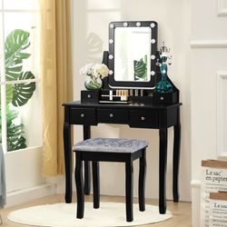 led vanity table set 10 dimmable bulb makeup desk with stool, large mirror & organizer drawers for bedroom bathroom