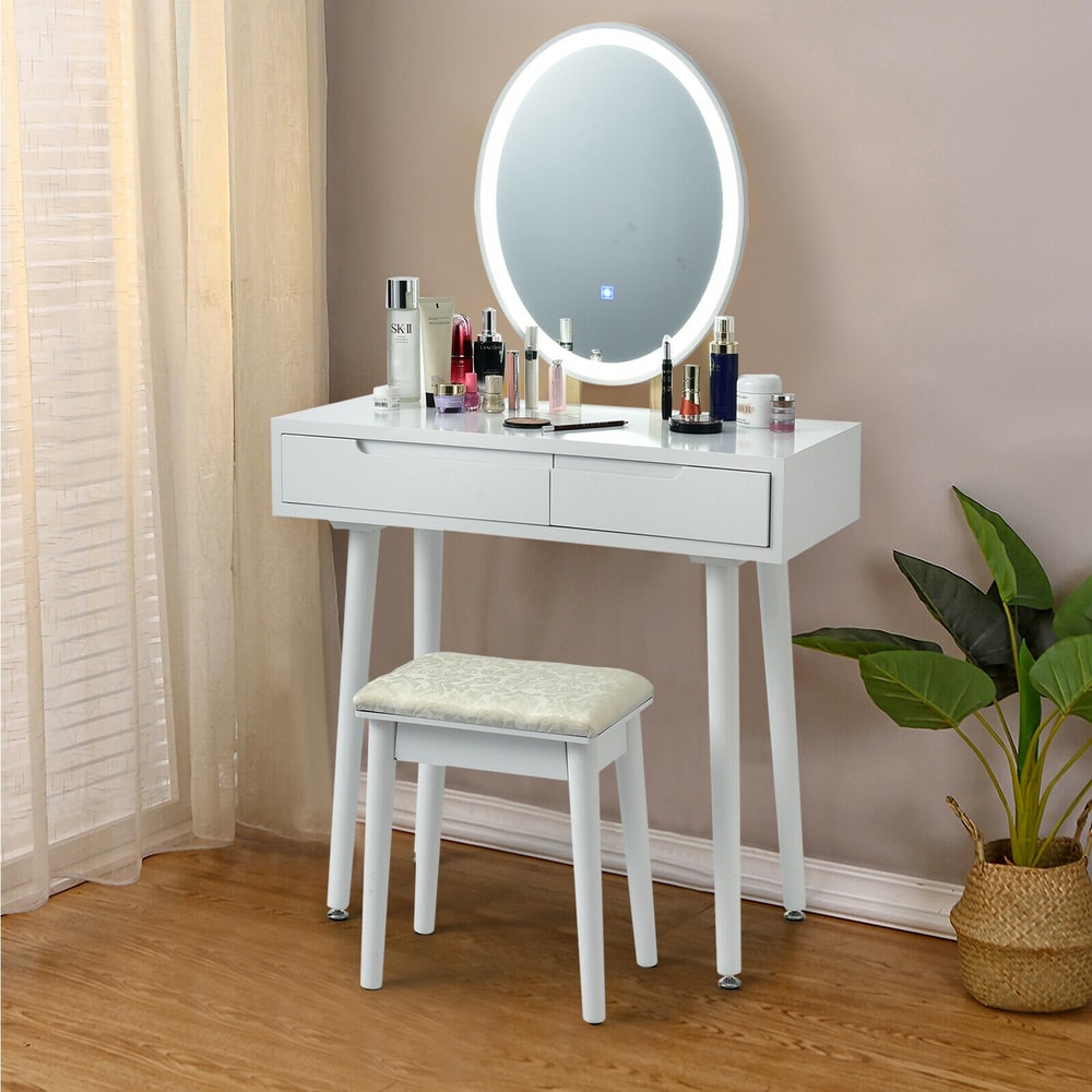 Touch Screen Vanity Makeup Table & Stool Set with Lighted Mirror – 3-Color Dimmable LED