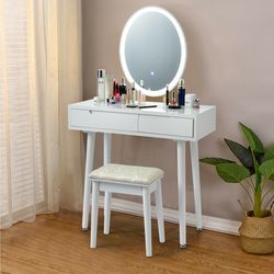 touch screen vanity makeup table & stool set with lighted mirror – 3-color dimmable led