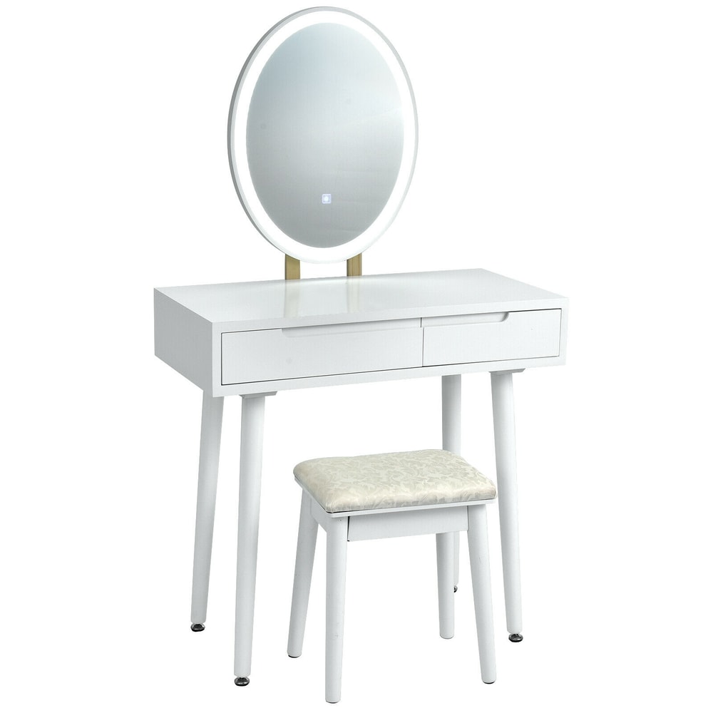 Touch Screen Vanity Makeup Table & Stool Set with Lighted Mirror – 3-Color Dimmable LED