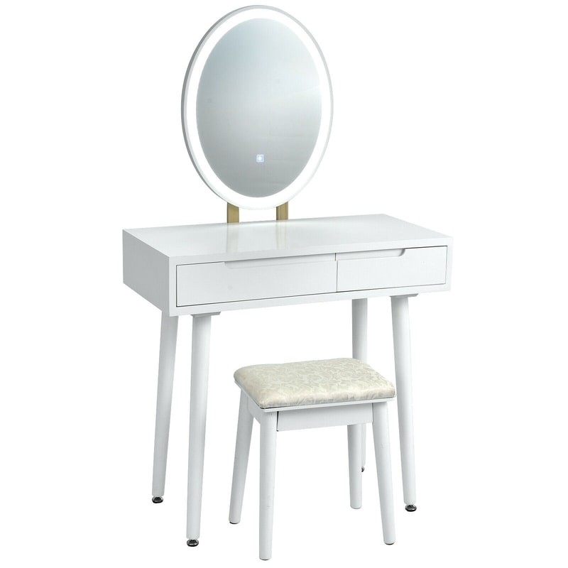 Touch Screen Vanity Makeup Table & Stool Set with Lighted Mirror – 3-Color Dimmable LED