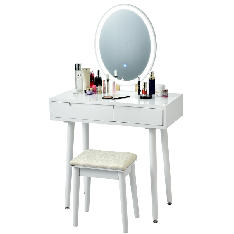 Touch Screen Vanity Makeup Table & Stool Set with Lighted Mirror – 3-Color Dimmable LED