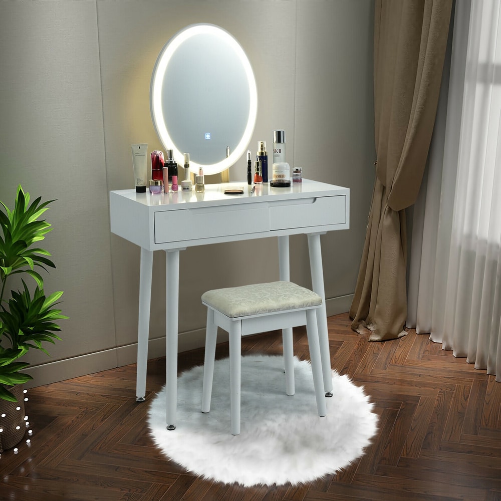 Touch Screen Vanity Makeup Table & Stool Set with Lighted Mirror – 3-Color Dimmable LED