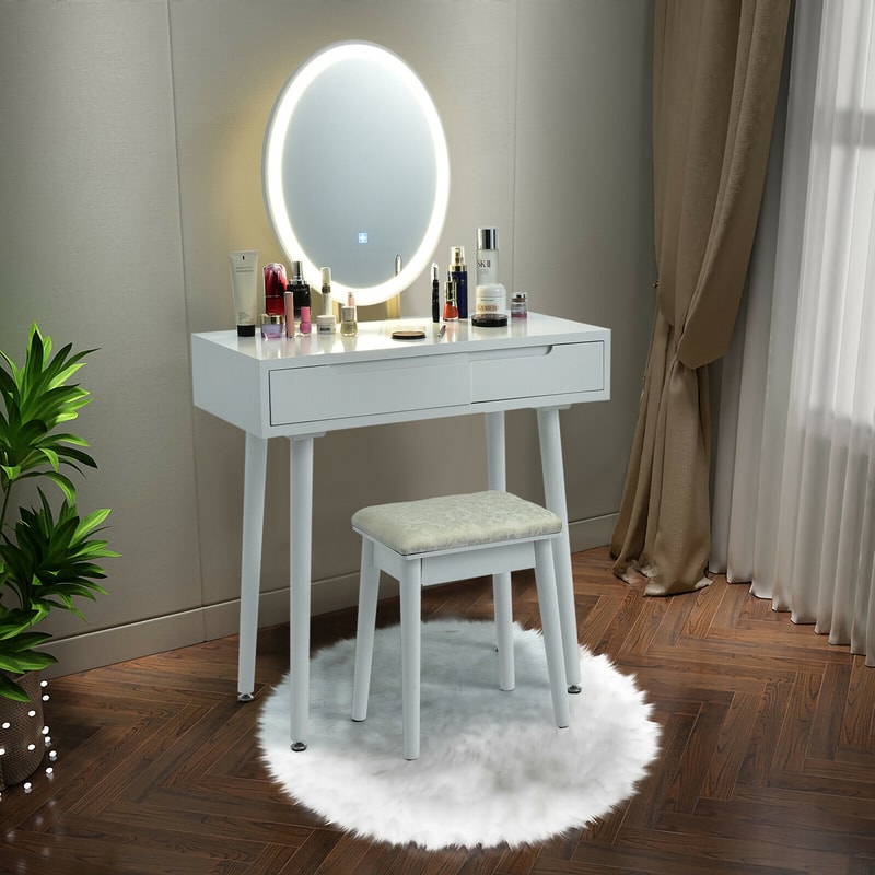 Touch Screen Vanity Makeup Table & Stool Set with Lighted Mirror – 3-Color Dimmable LED