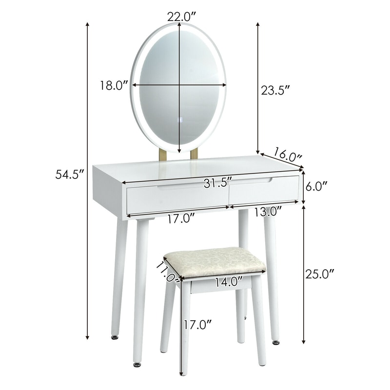 Touch Screen Vanity Makeup Table & Stool Set with Lighted Mirror – 3-Color Dimmable LED