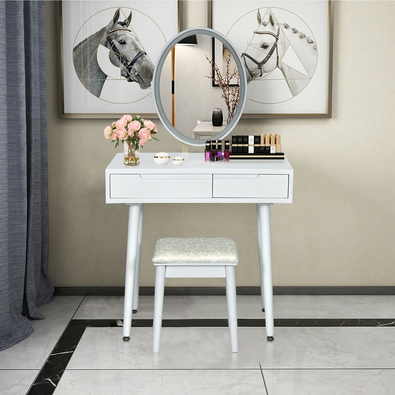 Touch Screen Vanity Makeup Table & Stool Set with Lighted Mirror – 3-Color Dimmable LED