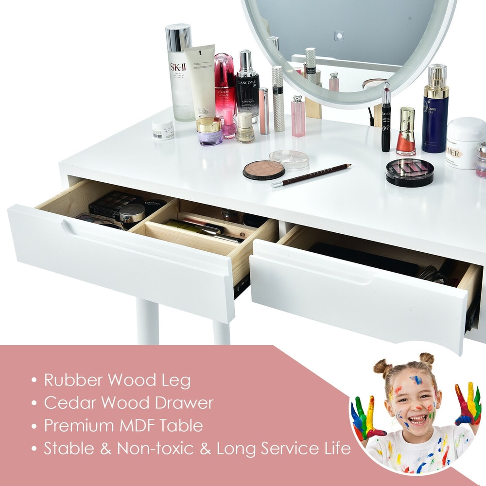 Touch Screen Vanity Makeup Table & Stool Set with Lighted Mirror – 3-Color Dimmable LED