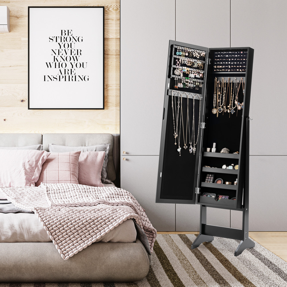 Mirrored Standing Jewelry Cabinet Storage Box – Full-Length Dressing Mirror with Jewelry Organizer