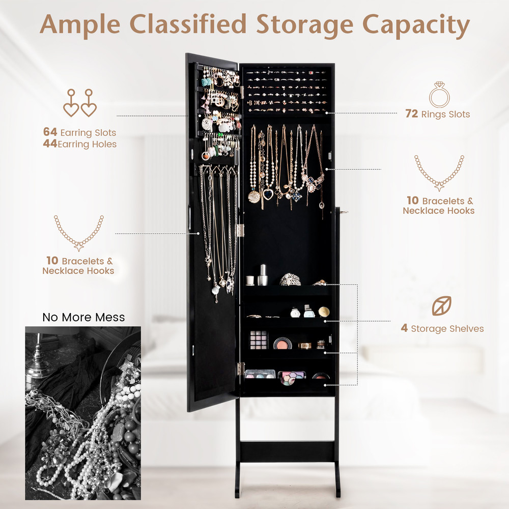 Mirrored Standing Jewelry Cabinet Storage Box – Full-Length Dressing Mirror with Jewelry Organizer