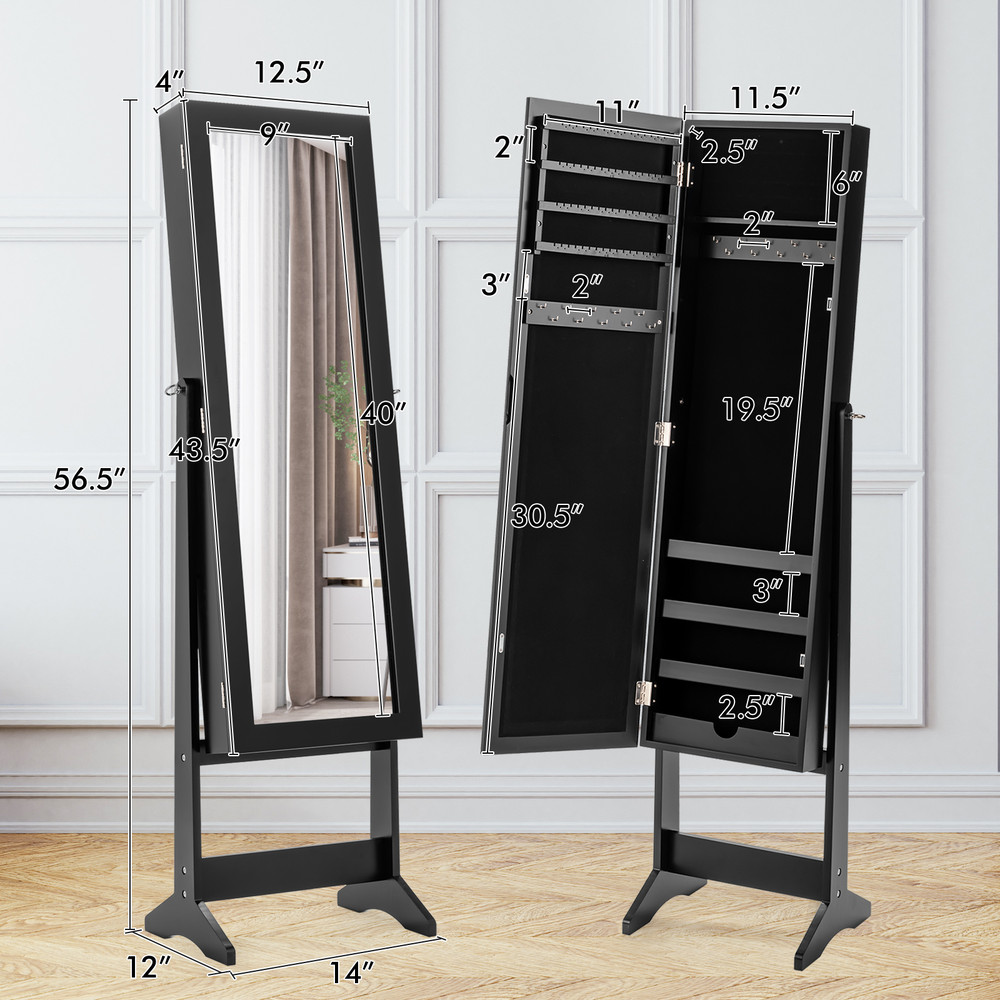 Mirrored Standing Jewelry Cabinet Storage Box – Full-Length Dressing Mirror with Jewelry Organizer