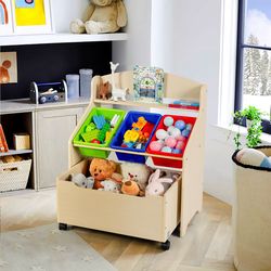 kids wooden toy storage unit organizer with rolling toy box & plastic bins – large toy organizer for playroom & nursery