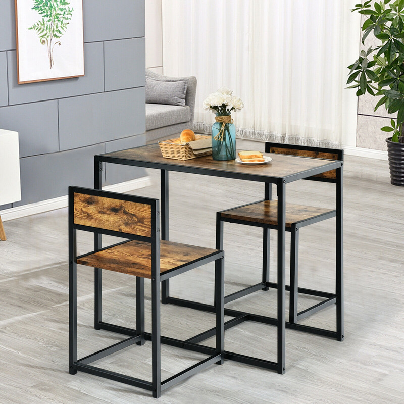 Space-Saving 3-Piece Dining Set, Metal Frame Table & 2 Chairs for Apartments & Kitchens