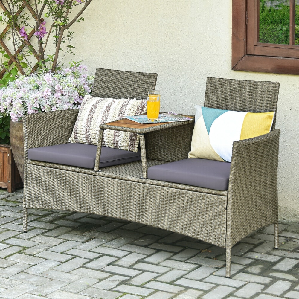 2Person Patio Rattan Conversation Furniture Set With Coffee Table Outdoor Loveseat Sofa 2
