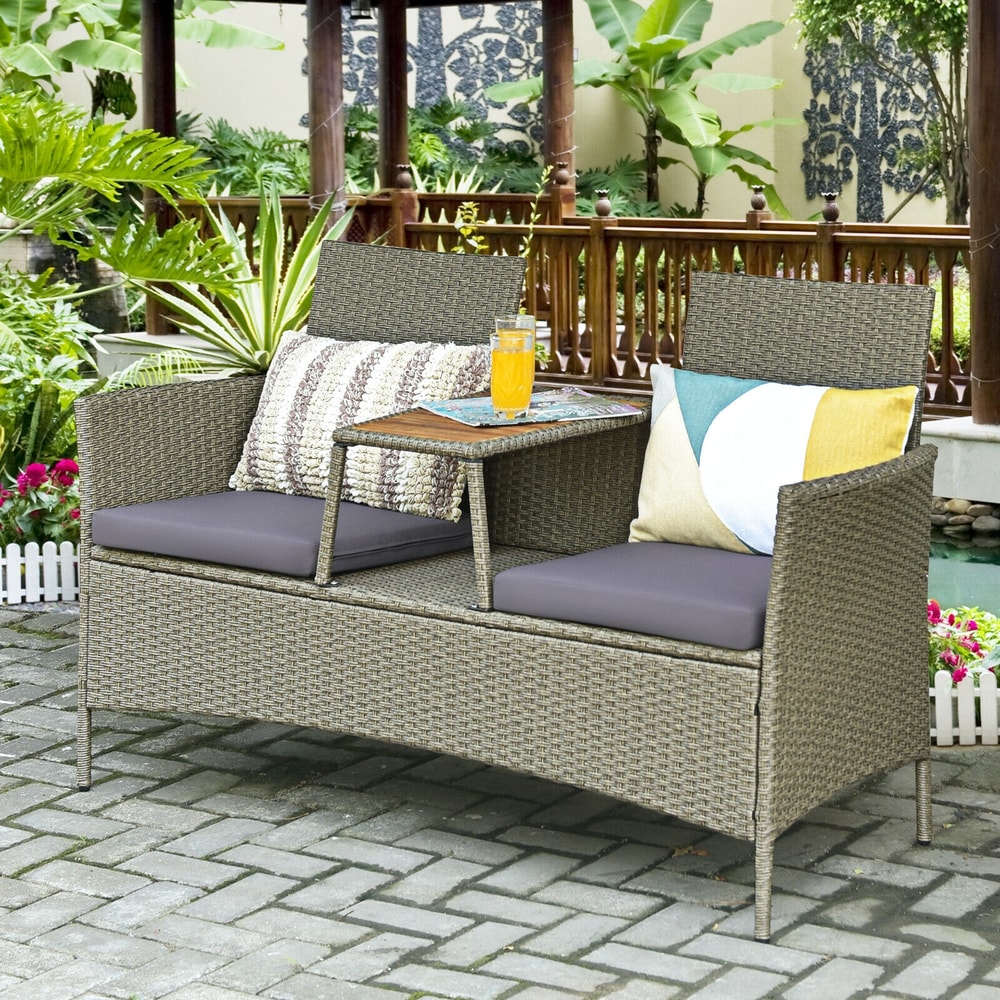 2Person Patio Rattan Conversation Furniture Set With Coffee Table Outdoor Loveseat Sofa 3