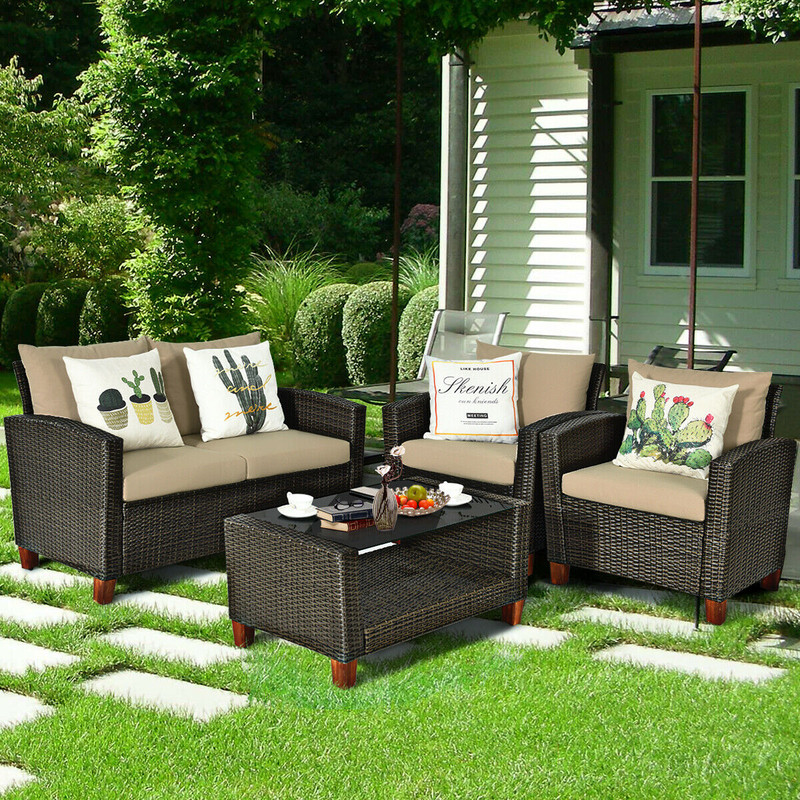 4Piece Patio Rattan Furniture Set With Cushions Outdoor Wicker Sofa  Coffee Table 0