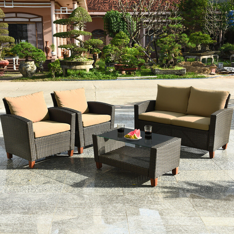 4Piece Patio Rattan Furniture Set With Cushions Outdoor Wicker Sofa  Coffee Table 4