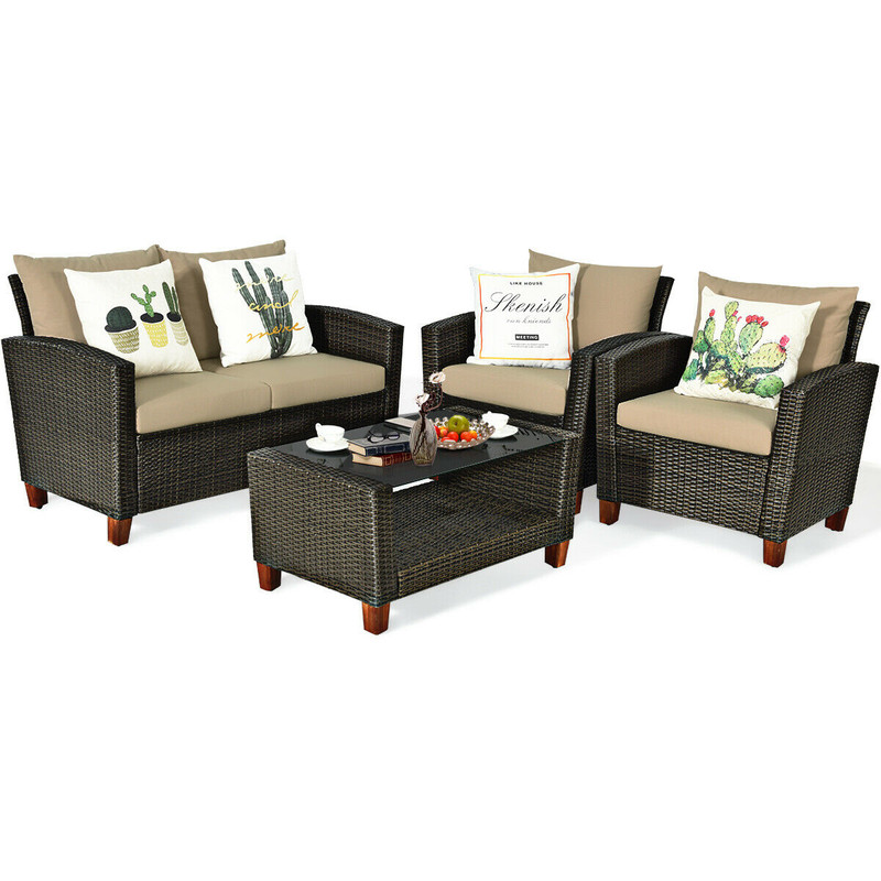4Piece Patio Rattan Furniture Set With Cushions Outdoor Wicker Sofa  Coffee Table 5