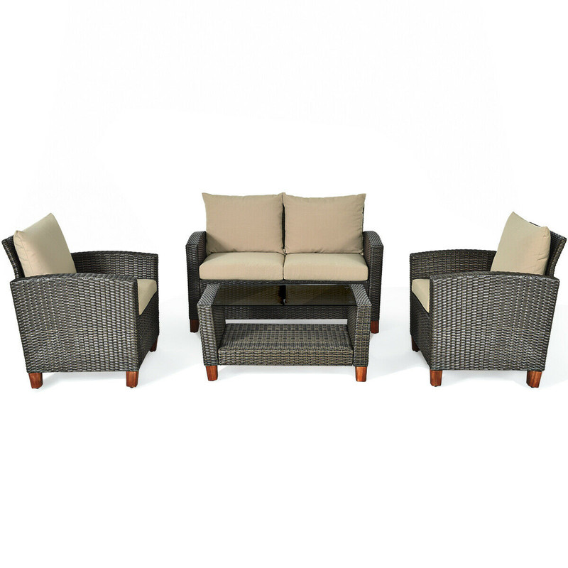 4Piece Patio Rattan Furniture Set With Cushions Outdoor Wicker Sofa  Coffee Table 7