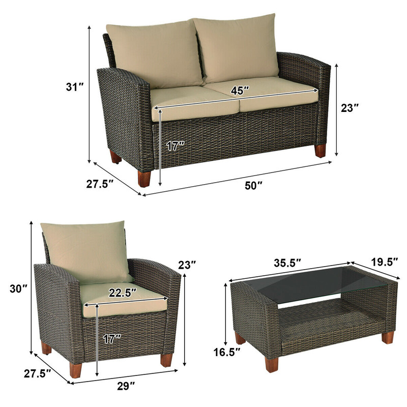 4Piece Patio Rattan Furniture Set With Cushions Outdoor Wicker Sofa  Coffee Table 3