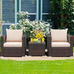 outdoor rattan furniture set, 3-piece patio conversation sofa with cushioned seating