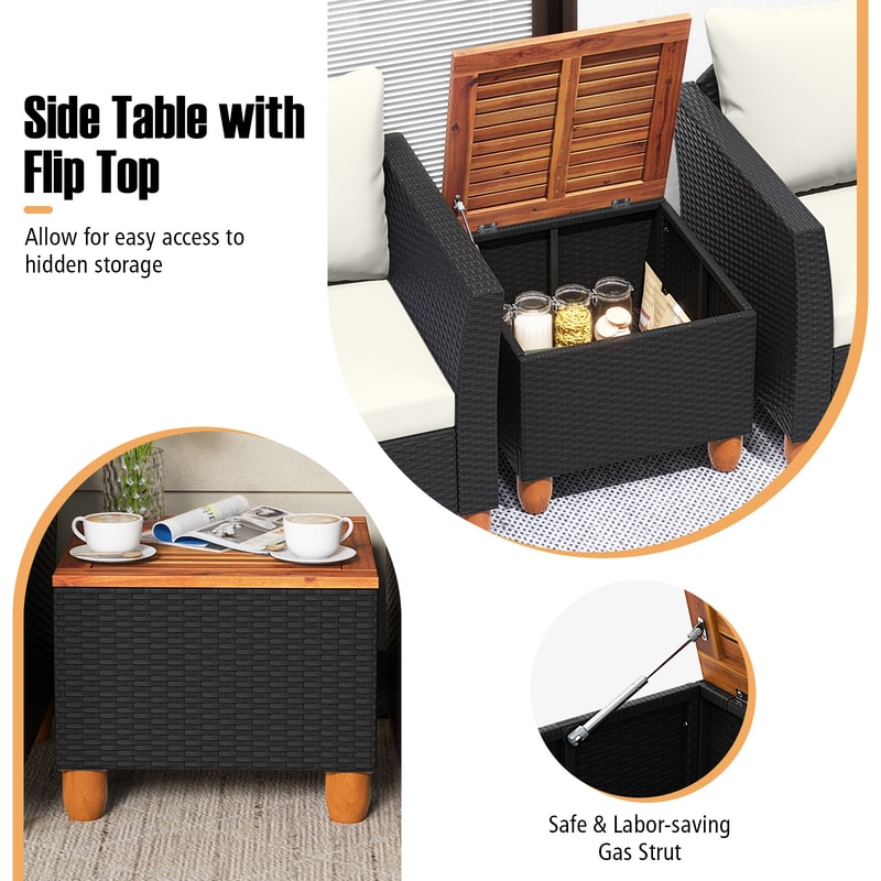 3Piece Outdoor Wicker Furniture Set Patio Sofa With Thick Cushions Acacia Wood Coffee Table 3