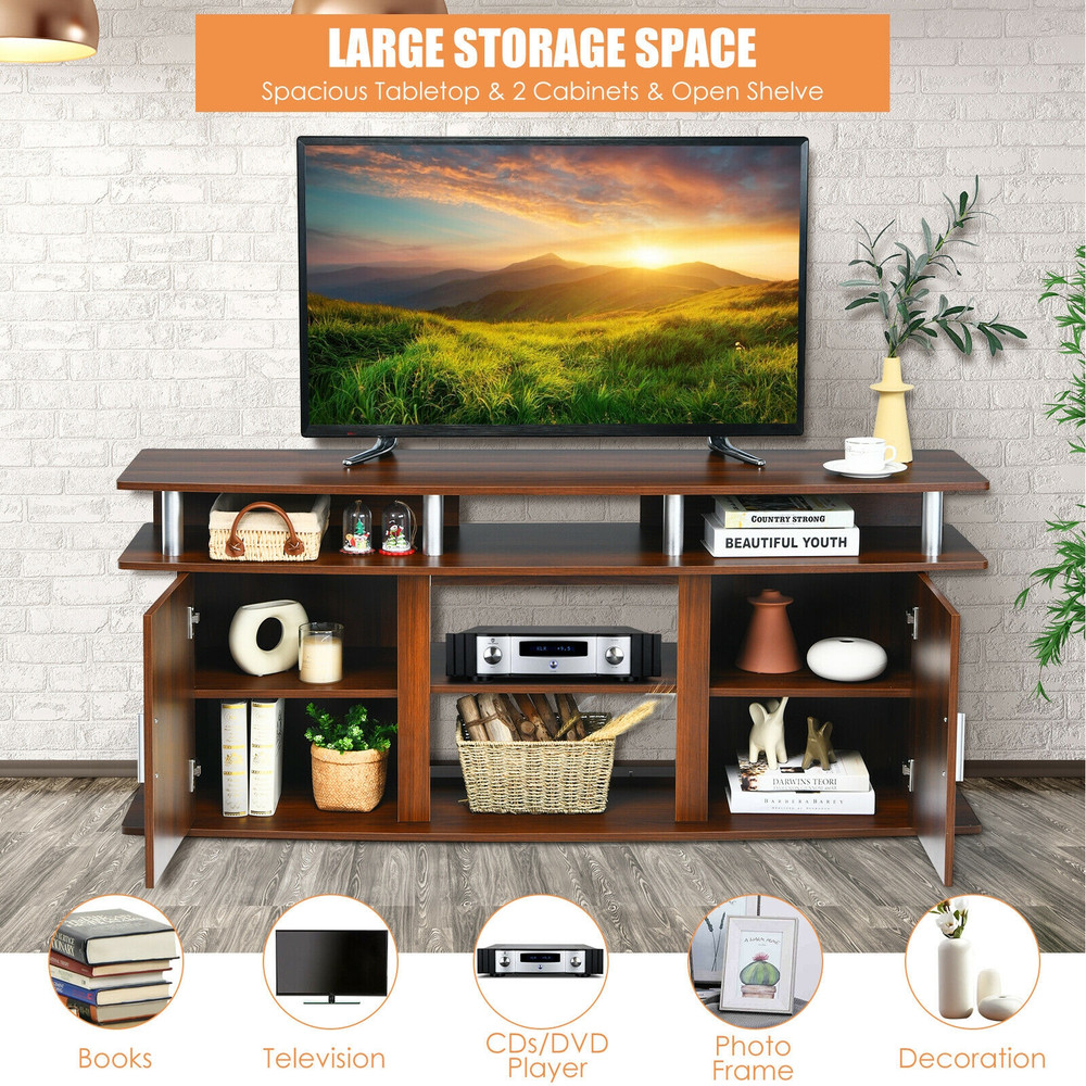 63 Inch TV Entertainment Console Center with 2 Cabinets & Shelves, Modern Wood Media Stand for TVs, Living Room Storage