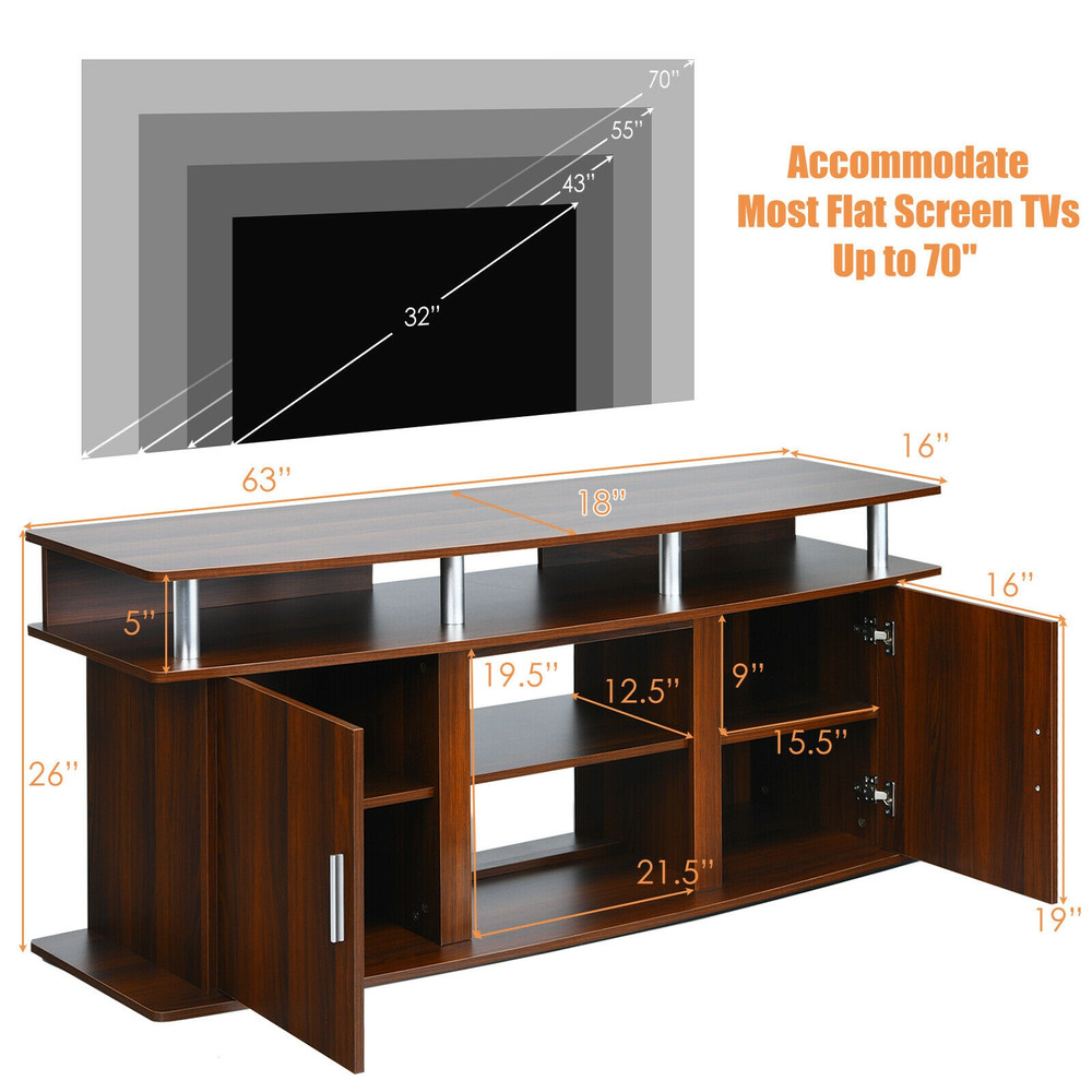 63 Inch TV Entertainment Console Center with 2 Cabinets & Shelves, Modern Wood Media Stand for TVs, Living Room Storage