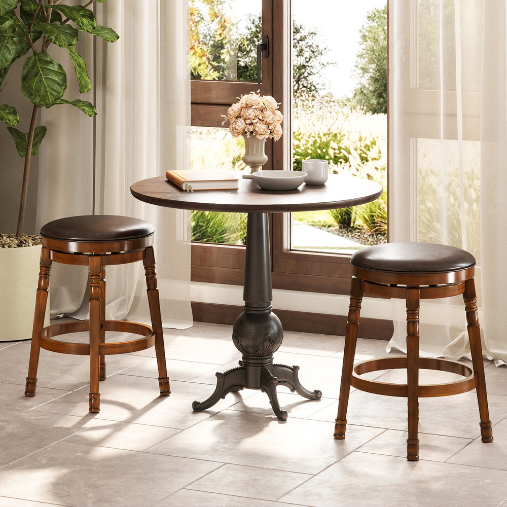 Set of 2 24Inch Swivel Leather Padded Dining Bar Stools with Footrest, Retro PU Upholstered Kitchen Counter Height