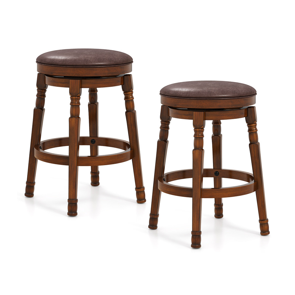 Set of 2 24Inch Swivel Leather Padded Dining Bar Stools with Footrest, Retro PU Upholstered Kitchen Counter Height