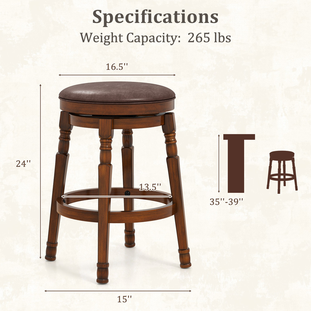 Set of 2 24Inch Swivel Leather Padded Dining Bar Stools with Footrest, Retro PU Upholstered Kitchen Counter Height