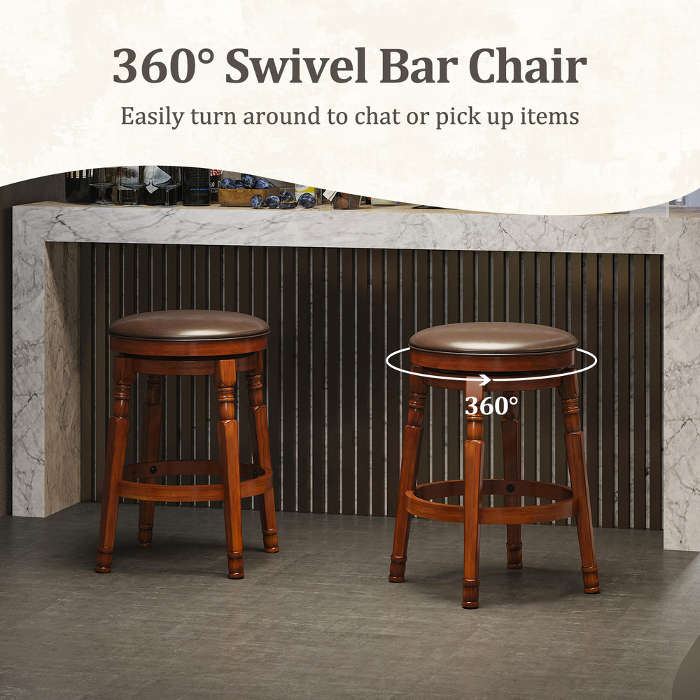 Set of 2 24Inch Swivel Leather Padded Dining Bar Stools with Footrest, Retro PU Upholstered Kitchen Counter Height