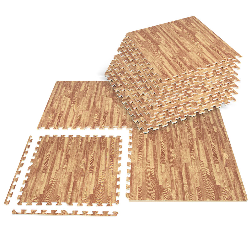 25 Tiles Wood Grain Foam Floor Mats with Borders, 24"x24" Interlocking EVA Tiles for Home Gym, Playroom, Basement