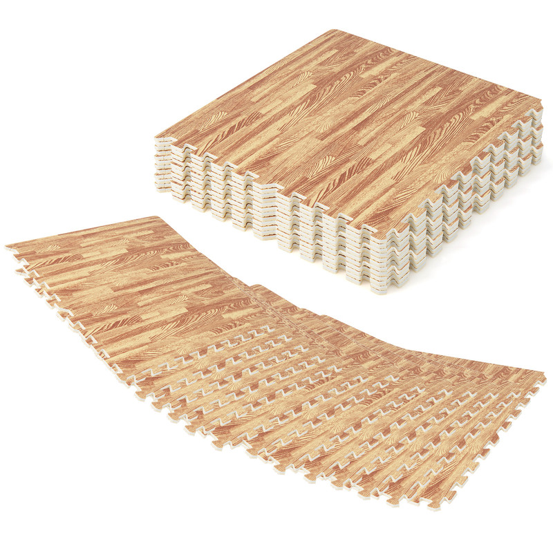 25 Tiles Wood Grain Foam Floor Mats with Borders, 24"x24" Interlocking EVA Tiles for Home Gym, Playroom, Basement