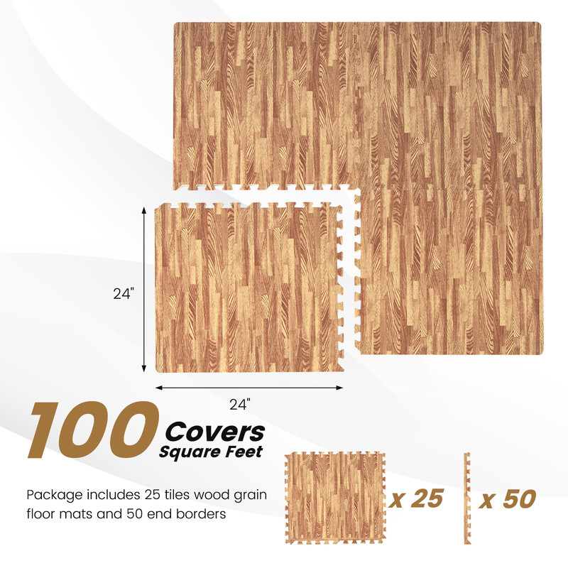 25 Tiles Wood Grain Foam Floor Mats with Borders, 24"x24" Interlocking EVA Tiles for Home Gym, Playroom, Basement