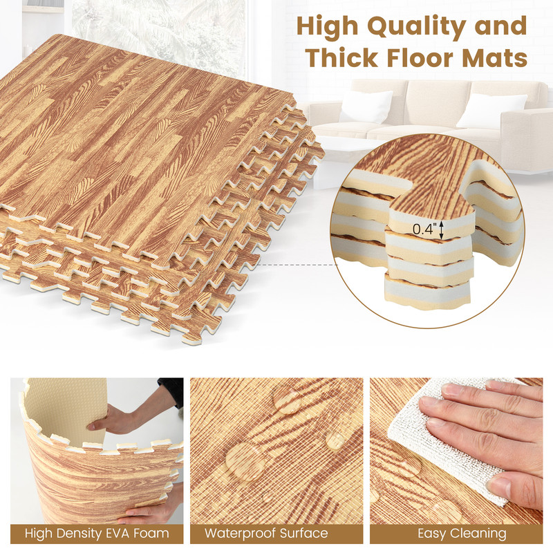 25 Tiles Wood Grain Foam Floor Mats with Borders, 24"x24" Interlocking EVA Tiles for Home Gym, Playroom, Basement
