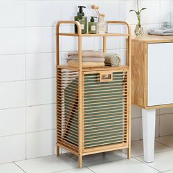 tilt-out bamboo laundry hamper with 2-tier shelf & removable liner, bathroom storage organizer for towels, clothes