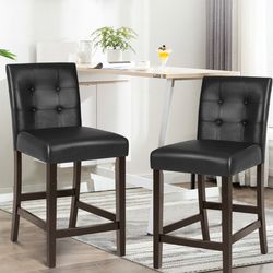 set of 2 pvc leather bar stools with solid wood legs, upholstered counter height chairs for kitchen island, home bar