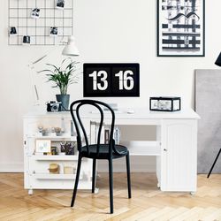folding large sewing table with storage shelves & lockable casters, space saving craft desk for sewing machine, fabric