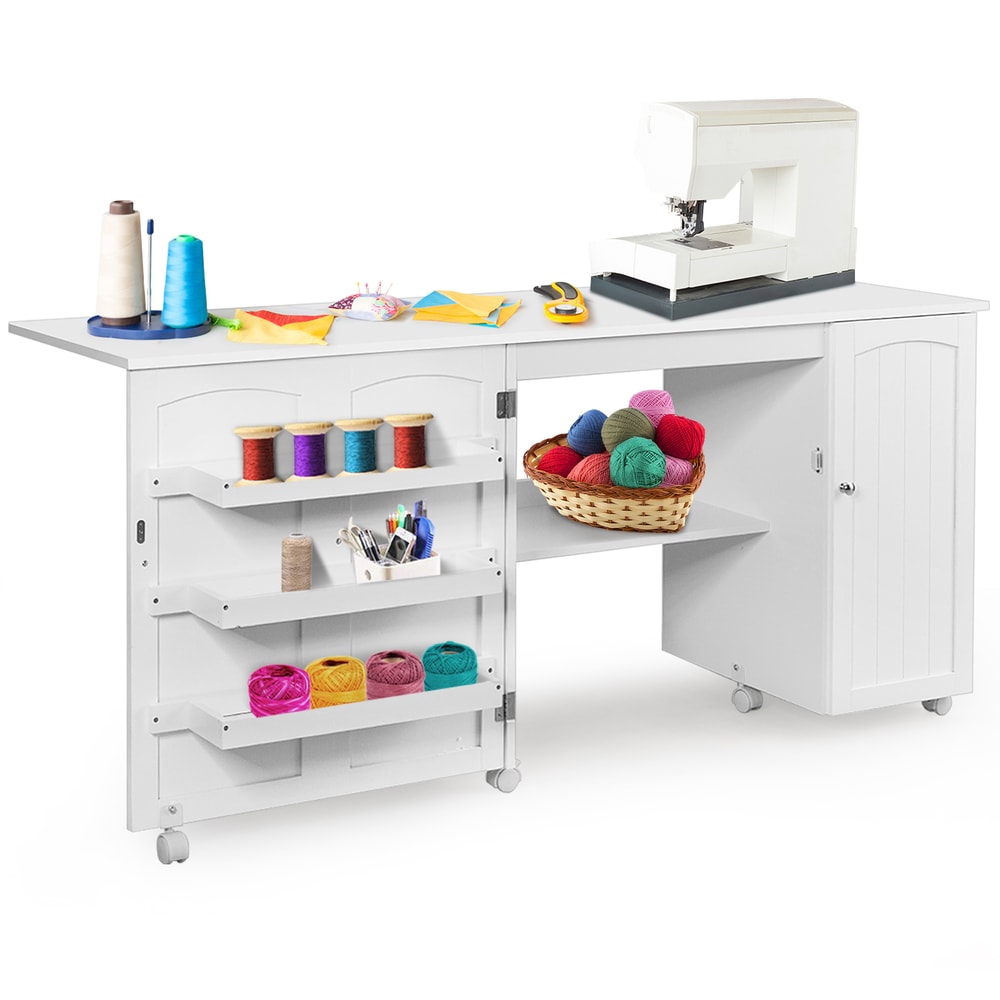 Folding Large Sewing Table with Storage Shelves & Lockable Casters, Space Saving Craft Desk for Sewing Machine, Fabric